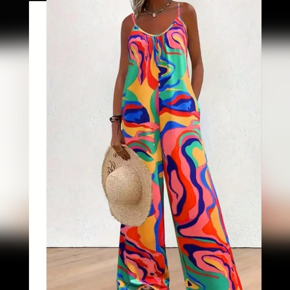 Colorful Abstract Women's Spaghetti Loose Jumpsuit - LARGE